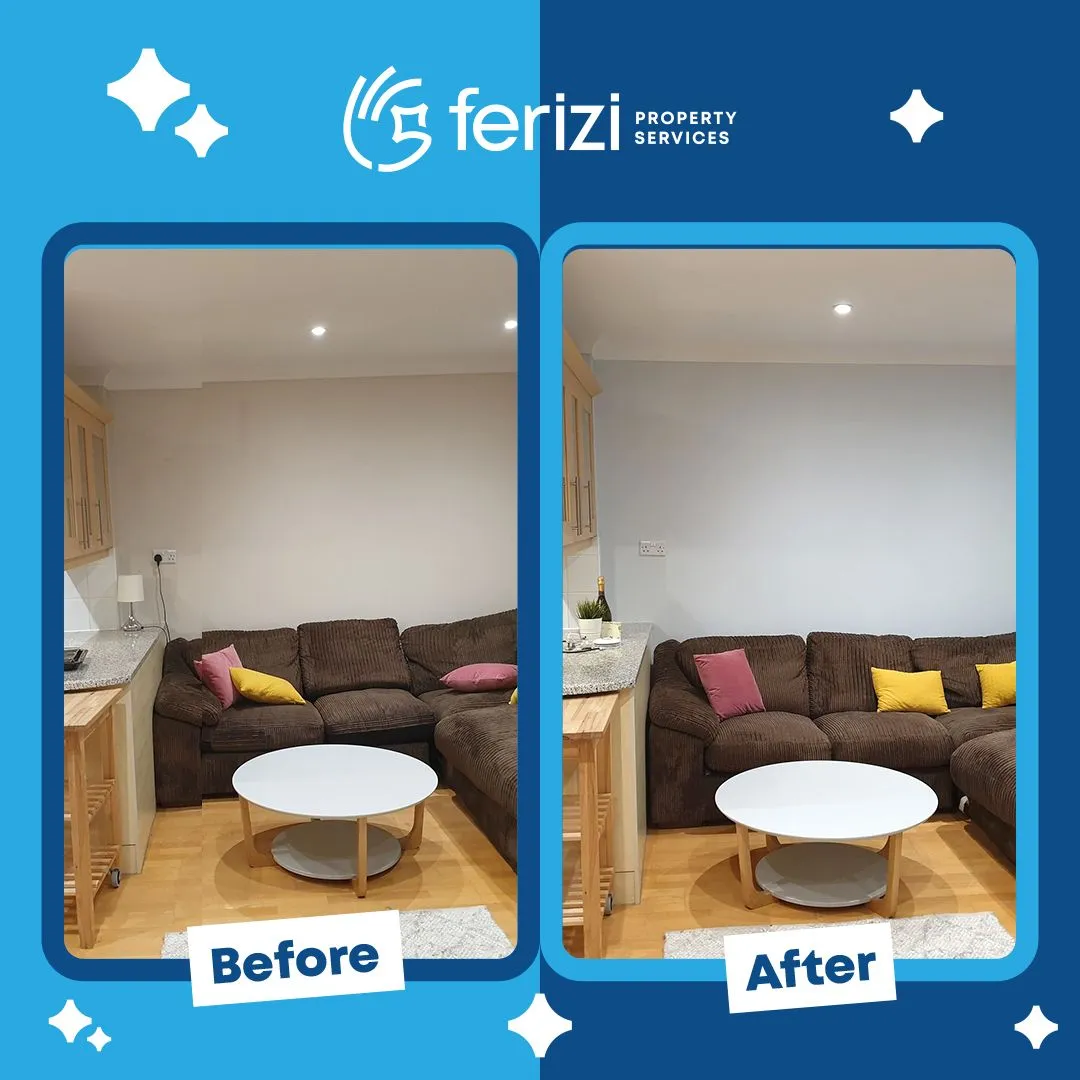 Before and after of an open-plan kitchen and living room repainted