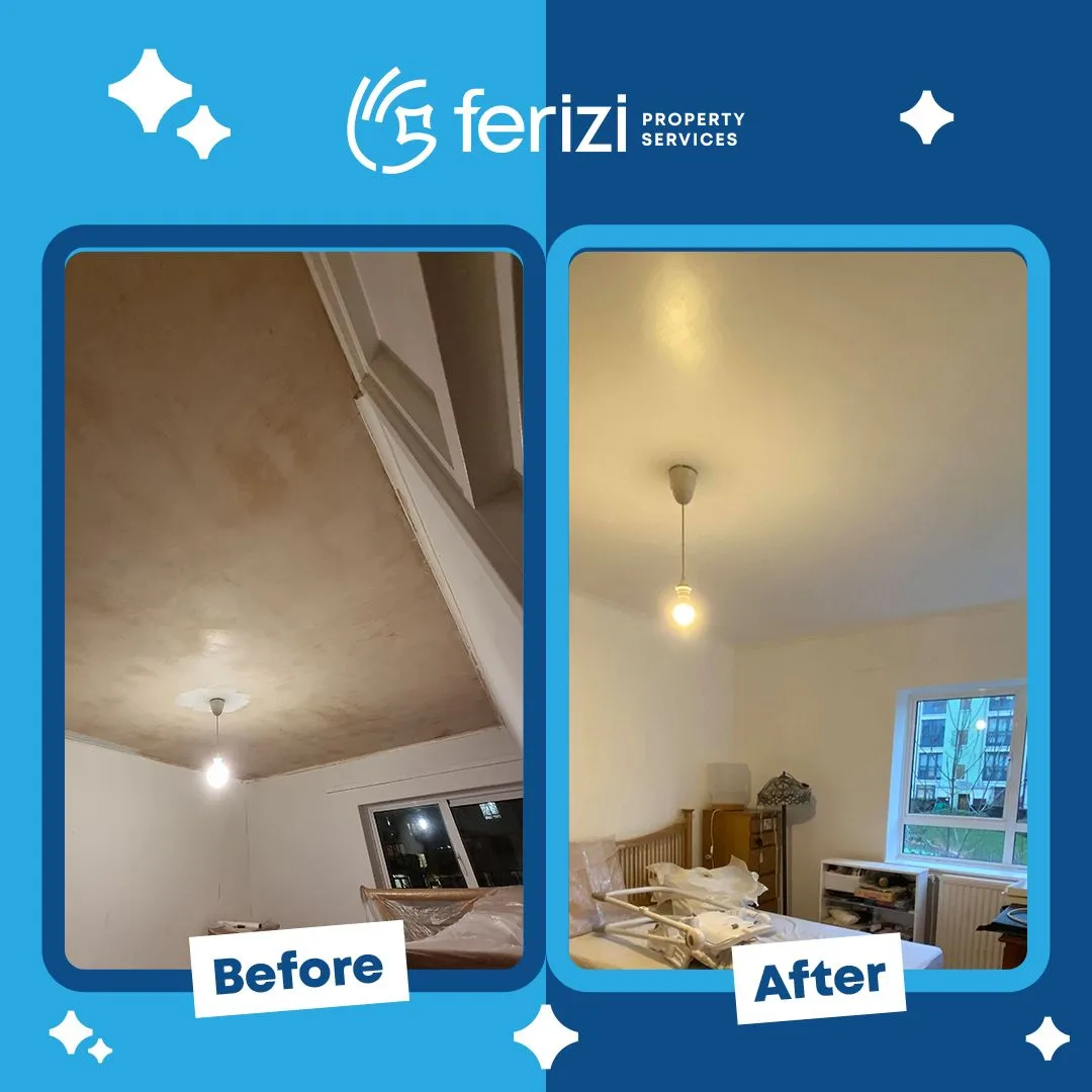 Before and after of a Camden bedroom ceiling replastered and repainted