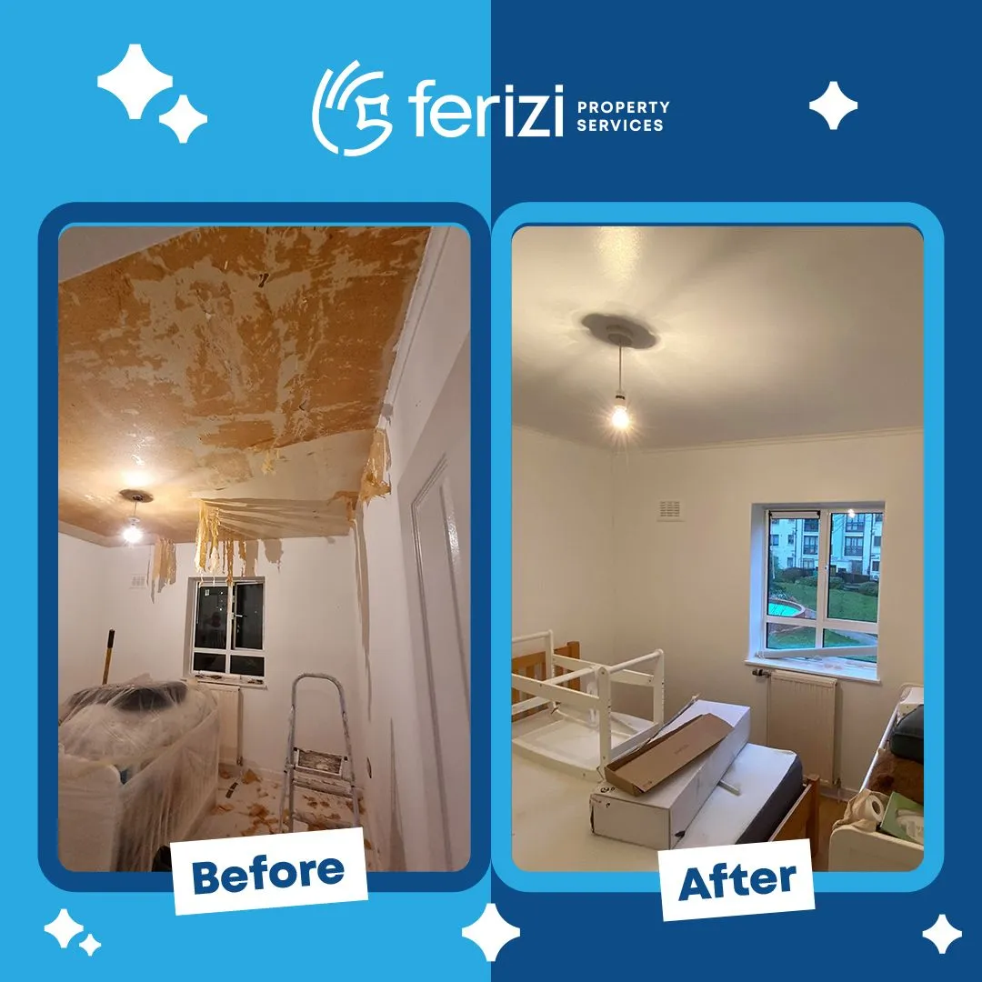 Before and after of a Camden room with the ceiling stripped, replastered and repainted