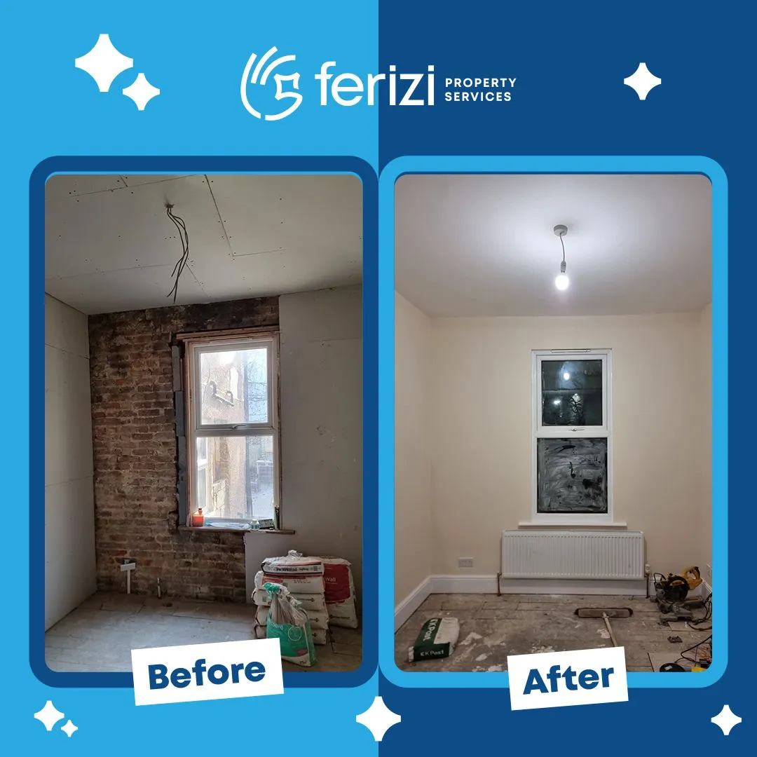 Before and after of a staircase and spindles repainted white