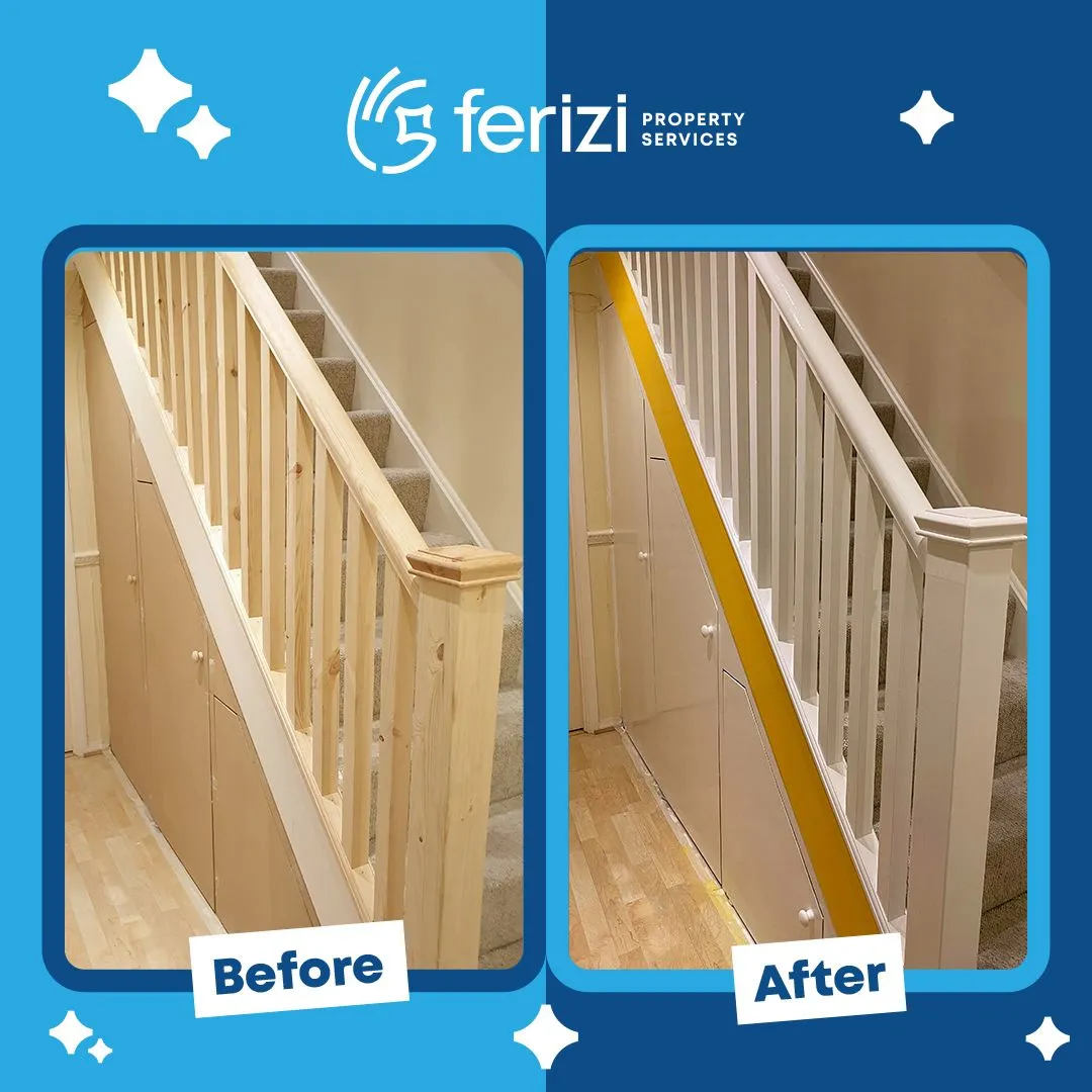 Before and after of a hallway with old wallpaper stripped and repainted