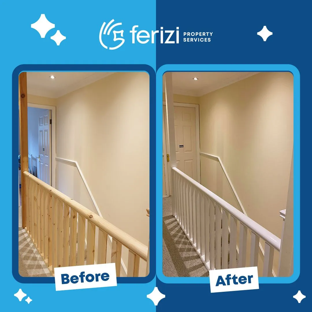 Before and after of a tired stairwell repainted