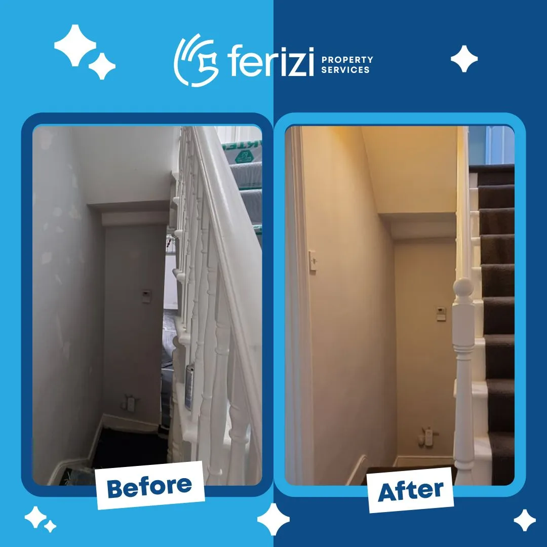 Before and after of a stairwell with patched walls made good and repainted