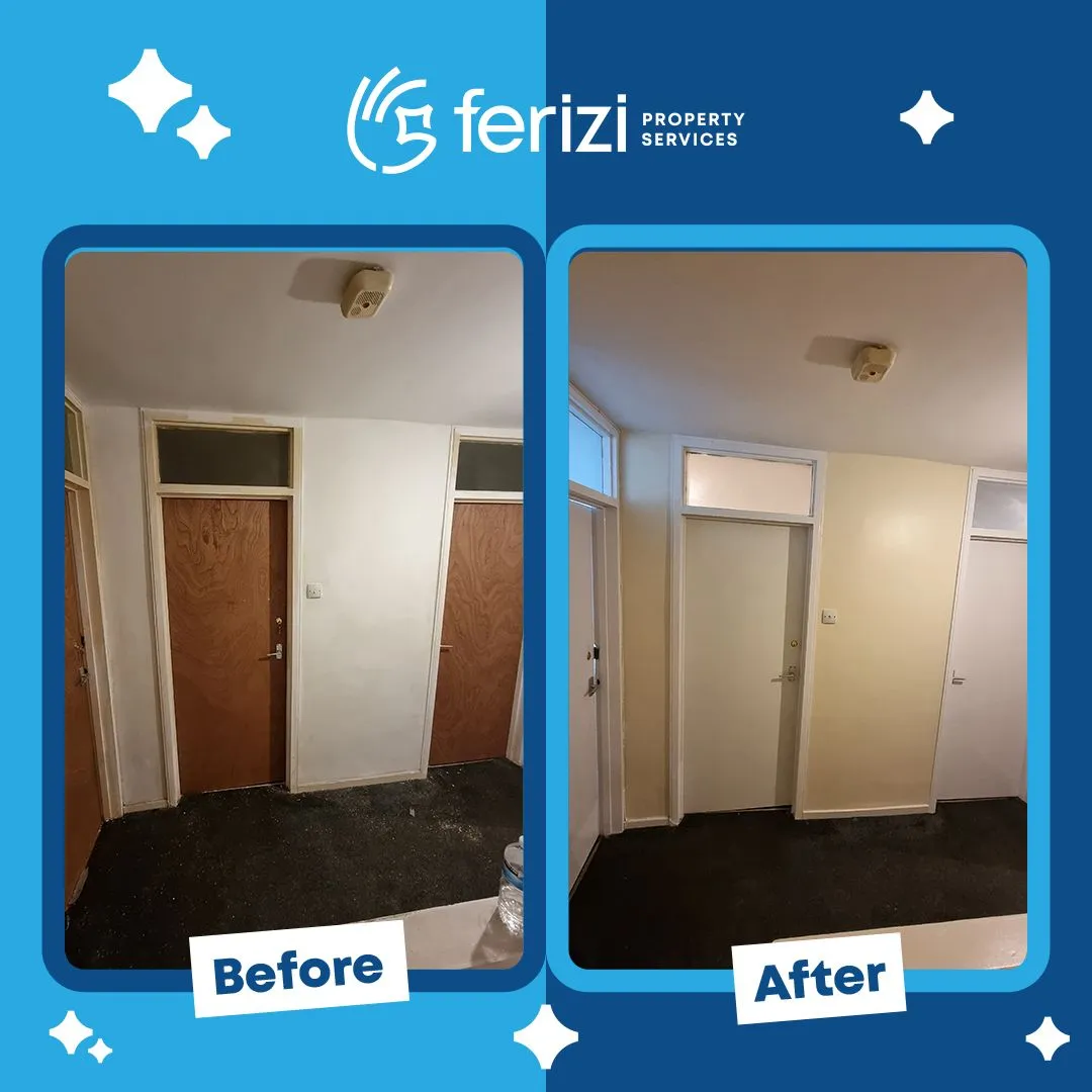 Before and after of an HMO communal hallway repainted