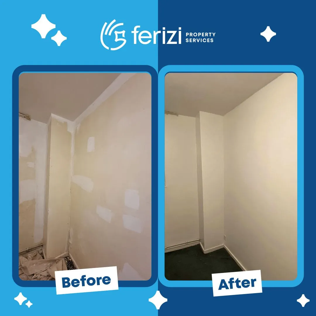 Before and after of patched plaster repaired and walls repainted