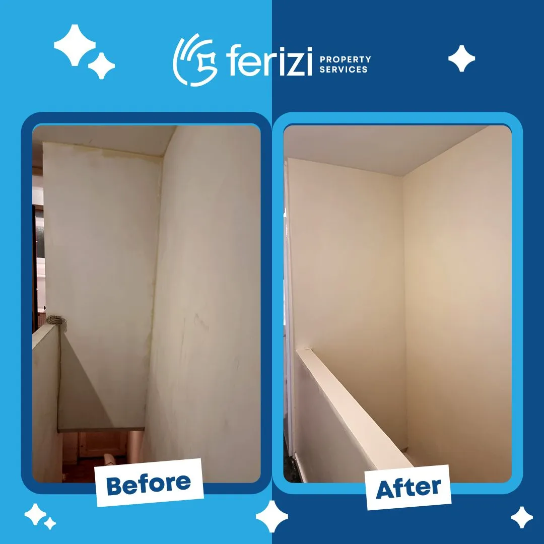 Before and after of a Hackney stairwell replastered and repainted
