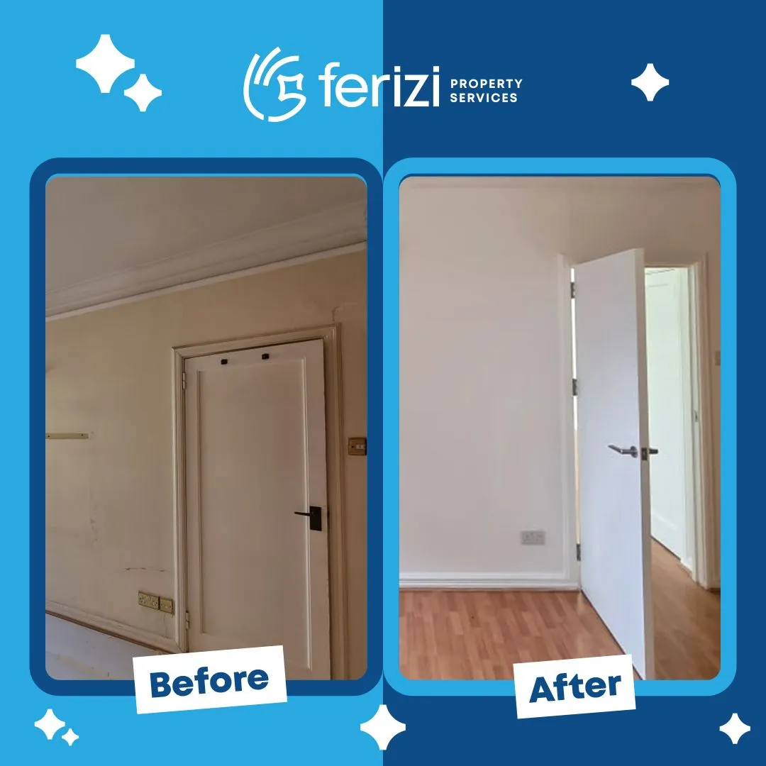 Before and after of a room with door and walls repainted and new flooring