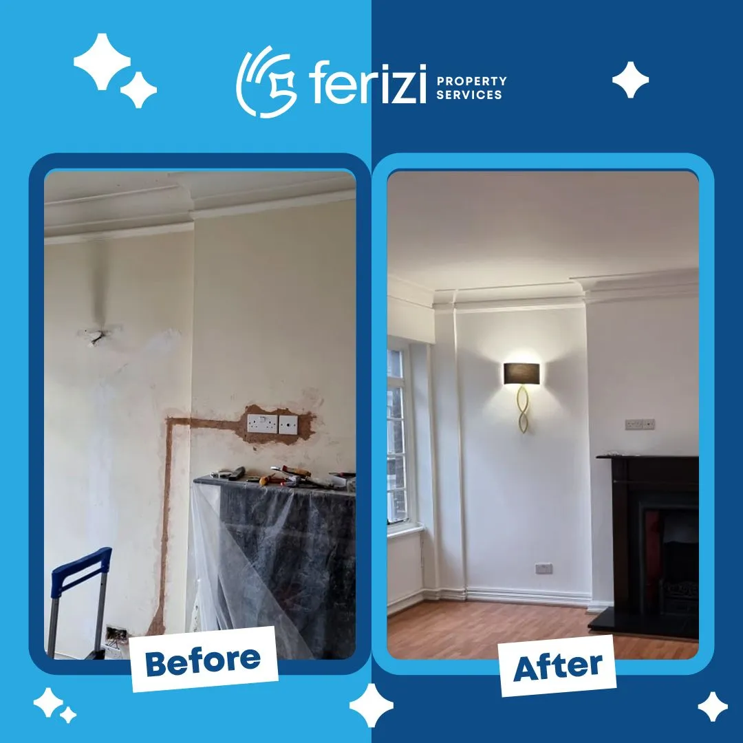 Before and after of a chased wall replastered and repainted near Regent's Park