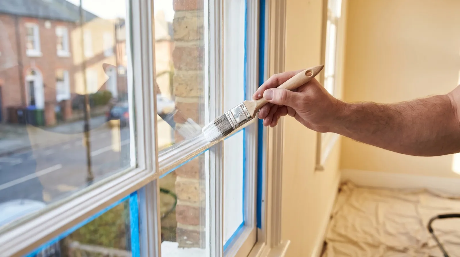 Painter cutting in fresh white paint on a timber sash window in a period London home