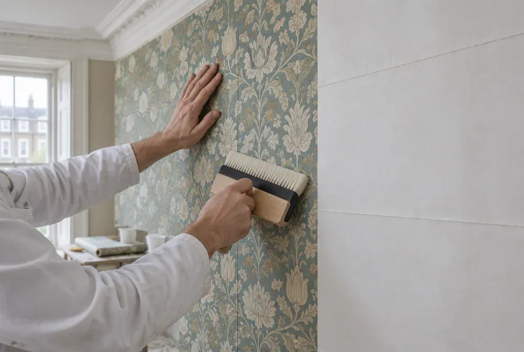 Decorator smoothing a drop of floral wallpaper onto a wall with a paper hanging brush, plain lining paper cross-hung on the wall beside it