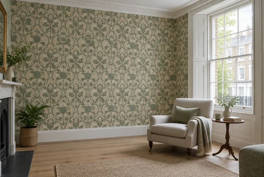 Victorian reception room with its walls hung in a sage botanical trellis wallpaper